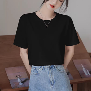 T-shirt décontracté pour femme à col rond, coupe ample, manches courtes, couleur unie, en coton, respirant, en jersey tricoté, idéal pour l'été - Product Image 2