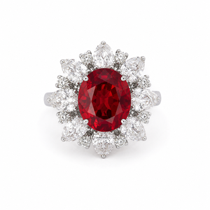 Bague Halo Florale Classique de Luxe avec Pierre Précieuse Ovale Rouge et Accents de Grenat Taillé Poire pour Femme, Or 10K 14K 18K, Argent 925 935, Rhodium - Product Image 2