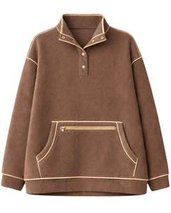 Sweat-shirt épais marron chocolat pour femme, coupe oversize, en polaire, avec col à boutons-pression, poche kangourou et passepoil contrastant - Product Image 1