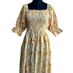 Yellow Hand Block Printed Cotton Maxi <b>Dress</b> <b>Boho</b> Floral Gown <b>Summer</b> beach Wear Women’s <b>Boho</b> Maxi <b>Dress</b> 100% breathable cotton - Product Image 1