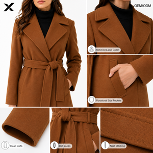 X Custom Women's Tie-Belt <b>Wrap</b> Coat | OEM ODM Premium Wool Cashmere Blend Winter Overcoat <b>Fur</b> Trim | Private Label Fashion Coats - Product Image 5
