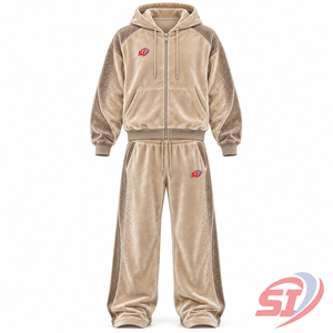 Ensemble de survêtement unisexe en velours de luxe émeraude 280 GSM avec strass, coupe ample, sweat à capuche et pantalon à cordon de serrage pour l'hiver - Product Image 1