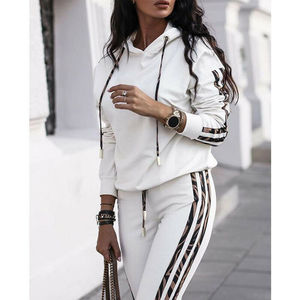 Conjunto Deportivo con Capucha para Mujer, Estampado Animal Blanco con Rayas Laterales, Ropa Deportiva Informal, Pantalones con Cordón Ajustable de Manga Larga, Conjunto de Dos Piezas - Product Image 1