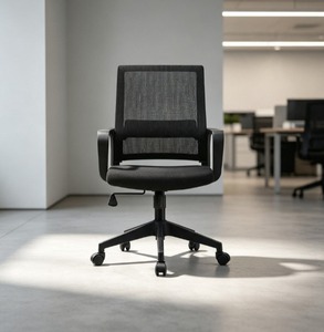 Silla de Oficina Ergonómica Moderna de Malla AY con Reposabrazos Fijos, Respaldo Abierto, Reposacabezas Integrado, Base de Plástico y Ajuste Manual, Modelo EH - Product Image 1