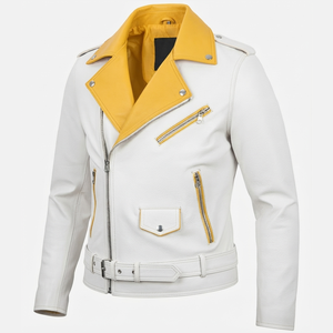 Blouson de motard en cuir PU pour homme, personnalisé, blanc et jaune contrasté, col à revers, ceinturé, coupe ajustée, vêtement d'extérieur d'automne - Product Image 1