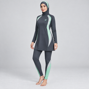 Ensemble Burkini Modeste 3 Pièces pour Femme, Couleur Unie, Couverture Complète, Manches Longues, Pantalon, Taille OEM, Protection UV, Plus Front - Product Image 5