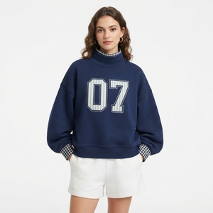 Sudadera de Cuello Alto Azul Marino Extra Grande para Mujer con Letra "07" Bordada en la Parte Delantera, Hombros Caídos, Manga Larga, Ropa de Otoño - Product Image 1