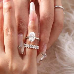 Custom 3 Carat Lab Created Diamond Real <b>Gold</b> <b>Ring</b> Boutique Style Oval Solitaire Handcrafted Shared Prong Statement Wedding <b>Set</b> - Product Image 2