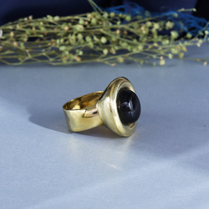 Black Onyx Stud <b>Ring</b> 18K Gold Plated Brass Bezel <b>Set</b> Trendy Minimalist - Product Image 3