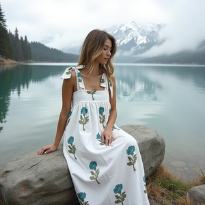 Cool transpirable sin mangas verde azul flor acento vestido Airy algodón con falda suelta Maxi y pajarita hombros estilo Casual - Product Image 1