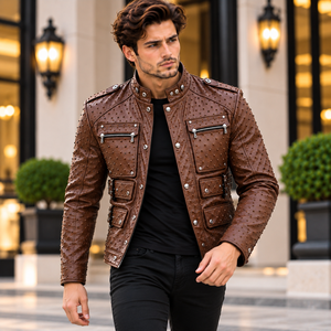 Chaqueta de Motero de Invierno para Hombre, de Piel de Vaca Premium, con Cuello Alto |   Chaqueta de Hombre de Cuero con Bolsillos - Product Image 1