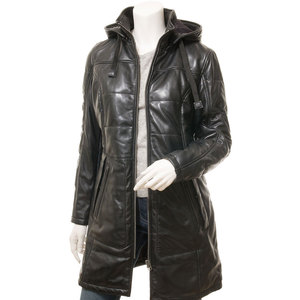 <b>Women</b> Genuine <b>Leather</b> Quilted Hooded <b>Long</b> <b>Jacket</b> Full Sleeve Zipper Closure Winter Outerwear OEM Wholesale Supplier - Product Image 2