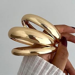 Gold Tone Brass Chunky Bangle Set Smooth Polished Statement Bangles Minimal Thick Stackable Fashion Jewelry - Product Image 2