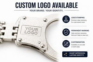 Menottes de sécurité Phoenix 100% en acier inoxydable argenté de haute qualité, à double verrouillage, conception à charnière centrale, sans sangle, Inde - Product Image 2