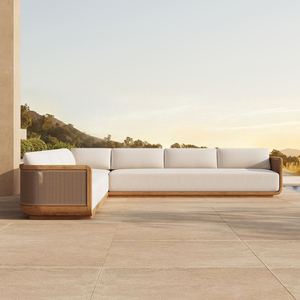 Modern <b>Outdoor</b> Patio Sectional <b>Sofa</b> Set Waterproof Cushioned Teak Wood Garden Lounge Furniture for Balcony Deck and Poolside - Product Image 5