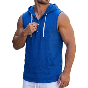 Wholesale Custom Made Own <b>Logo</b> Men's Fitness Apparel Sleeveless Henley Hoodie Drawstring Tank Top Bodybuilder Gymk Tank Tops - Product Image 1