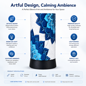 Blue Floral Ceramic Table <b>Lamp</b> <b>USB</b> Powered Warm LED Bedside Night Light Decorative Accent <b>Lamp</b> for Bedroom Living Room Office - Product Image 5