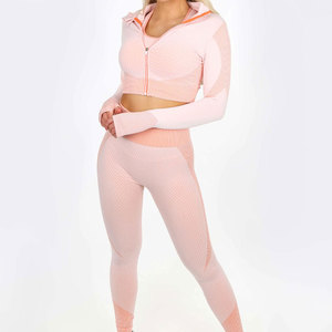 Pink Ribbed Yoga Set Scoop Neck Crop <b>Top</b> High Waist Full Length Leggings 2 Piece Spandex Polyester Activewear - Product Image 3