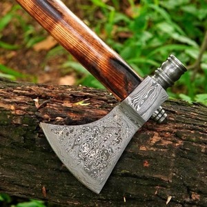 Hache en acier Damas de qualité industrielle, forgée à la main, manche en bois de qualité supérieure, type Tomahawk |   Hache de camping personnalisée - Product Image 2