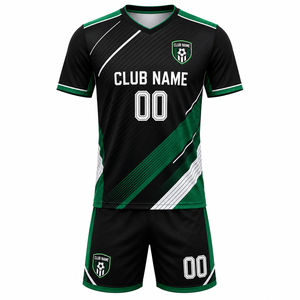 Ensemble de maillots de football personnalisés imprimés par transfert thermique, motif floral noir et vert, col haut, manches courtes, séchage rapide, maille antibactérienne - Product Image 1