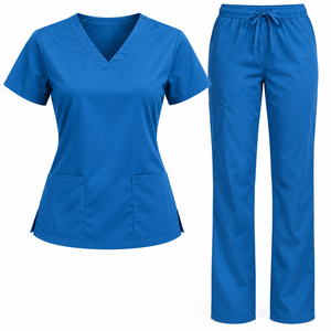 Conjunto de Uniforme Médico para Mujer Color Azul Océano, Blusa con Cuello en V y Manga Corta con Bolsillos, Pantalones Rectos con Cordón, Uniforme de Enfermería para Clínica - Product Image 1