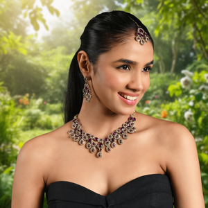 Juego de Collar, Pendientes y Maang Tikka con Piedra en Forma de Lágrima, Chapado en Platino, Tradicional, para Mujer (Vino) - Product Image 2
