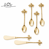 Messing-Gold-Bienen-Design Löffel- und Buttermesser-Set mit langem Griff, dekoratives Besteckset, elegantes Essgeschirr, Küchenzubehör