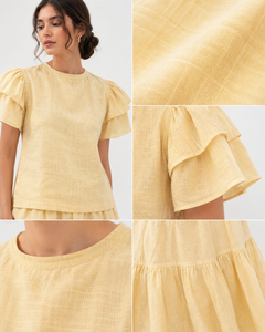 Plain Yellow Cotton-<b>Linen</b> Two-Piece Set | Ruffle Sleeve <b>Top</b> & Tiered Midi Skirt Bohemian Party Wear Outfit - Product Image 6