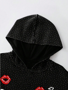 Sudadera con capucha de algodón polar con estampado de labios y gráfico de diamantes de imitación, estilo oversize, streetwear, diseño de marca privada - Product Image 4