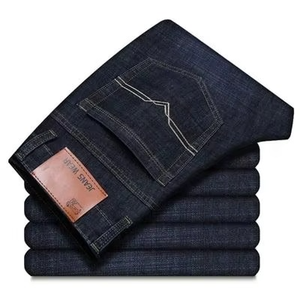 Jean décontracté pour homme en denim bleu foncé délavé, coupe droite ajustée, taille mi-haute, respirant, extensible, couleur unie - Product Image 5