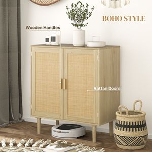 Modern Bohemian <b>Sideboard</b> 31.5\" Wood Buffet Cabinet with 2 Rattan Doors and Shelves for Living Room Hallway Natural - Product Image 5