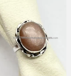 Anillo de piedra natal bohemio para mujer, piedra lunar de melocotón, tanzanita, piedra lunar Natural, banda de boda de plata esterlina, regalo de cumpleaños para ella - Product Image 4