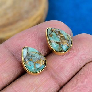 Natural <b>Green</b> Copper Amazonite Pear Shape Gemstone Stud <b>Earring</b> 18k Gold Micron Over 925 Sterling Silver - Product Image 1