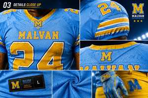 เสื้อฟุตบอลอเมริกันแบบสั่งทำของ Malvan Enterprises สำหรับผู้ใหญ่ ยูนิเซ็กซ์ สีน้ำเงิน-เหลือง พิมพ์ลายด้วยความร้อน ระบายอากาศได้ดี คอวี แขนสั้น - Product Image 4