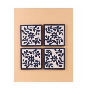 Handmade Tea <b>Coaster</b> Set of 4 Mother of Pearl Floral Pattern Bone Inlay on Glass with Holder for Drink Coffee Table - Product Image 5