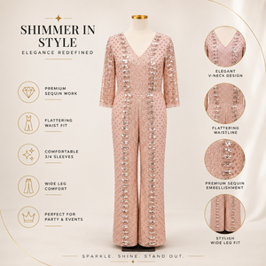 Combinaison pour femme rose poudré à sequins, col en V profond, jambes larges, tenue de soirée élégante, combinaison de cocktail, tenue de invitée de mariage, glamour - Product Image 5