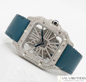 Montre mécanique carrée en or blanc sertie de diamants Rolaxx avec cadran à chiffres romains et bracelet en cuir bleu 42 mm Montre de luxe pour homme - Product Image 1