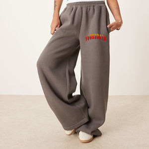Pantalon large gris pour femme grande taille, taille mi-haute, cordon élastique, coupe ample, longueur intégrale, décontracté, en molleton tricoté, couleur unie - Product Image 4