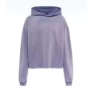เสื้อฮู้ดดี้ครอปสีลาเวนเดอร์ทรงบ็อกซี่ แขนเสื้อแบบดรอปไหล่ ชายเสื้อแบบดิบ สไตล์วินเทจลำลองแนวสตรีทแวร์สำหรับผู้ชาย - Product Image 1