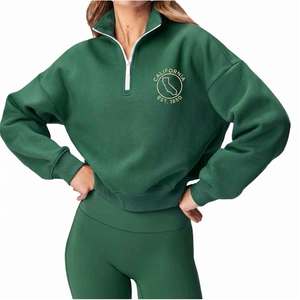 Sudadera de algodón tejida azul lisa para mujer con cuello alto y media cremallera, manga regular, para otoño, con logo personalizado - Product Image 2
