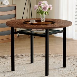 Tavolo da Pranzo Moderno Minimalista da 42 Pollici in Legno Marrone con Inserto in Vetro Marrone e Supporto in Metallo Stabile per 4-6 Persone - Product Image 2