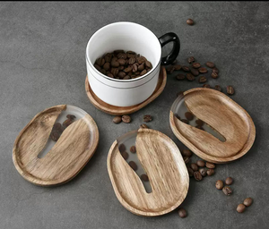 Classic Acacia Wood <b>Coffee</b> Bean Mat with <b>Epoxy</b> Resin Set of 4 and Tray for <b>Coffee</b> <b>Table</b> - Product Image 1