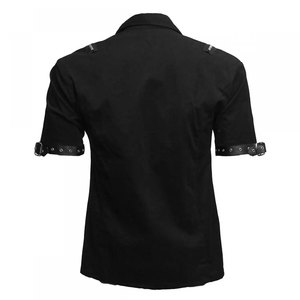 Chemise noire gothique pour homme sur mesure, manches courtes, style punk rock, fermeture éclair sur le devant, sangle à boucle, chemises en denim de coton pour homme - Product Image 2