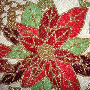 Hand Beaded <b>Table</b> Runner: <b>White</b> Glass Beads, Holiday Centerpiece Elegant Poinsettia - Product Image 1