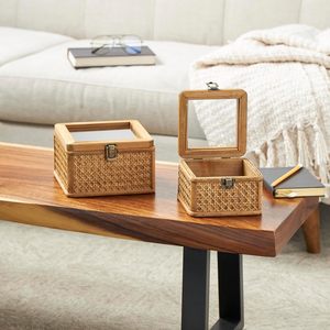 Handmade Rattan Jewelry Box Square Shape With Lid Bohemian Style Woven Design Storage Box For Jewelry - Product Image 1