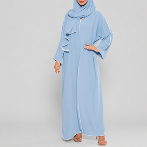New 2026 Open Front <b>Abaya</b> Long Sleeve Ankle length White Piping With Matching Hijab Set Casual wear For <b>Women</b> - Product Image 1