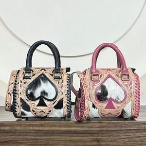 Western Style Hand <b>Tooled</b> <b>Leather</b> Speedy Duffel Bag With Cowhide Hair On Hide Black <b>Leather</b> Handbag Travel Crossbody Women Purse - Product Image 5