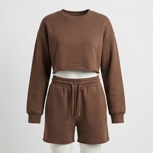 Ensemble 2 pièces pour femme, sweat-shirt court et short marron uni, col rond, manches longues, coupe ample, tenue décontractée, longueur au-dessus du genou - Product Image 1