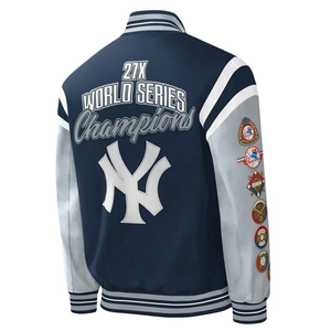 New York Varsity <b>Jacket</b> Men's Navy Blue White Embroidered Logo <b>Patch</b> Sleeve Preppy Style Zipper Closure - Product Image 1