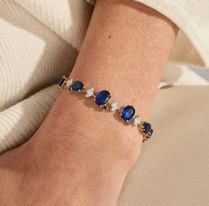 Pulsera con Dije de Zafiro Azul Cultivado en Laboratorio, Corte Ovalado, Plata de Ley 925, Oro, Elegante, Piedra de Nacimiento de Septiembre, Joyería Hecha a Mano para Fiestas - Product Image 2